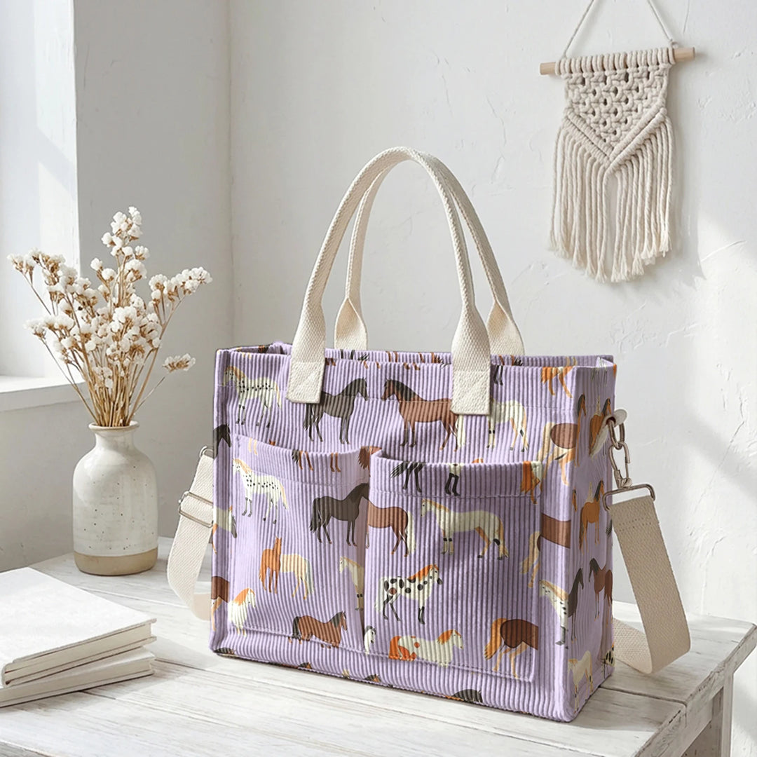 Sac en velours côtelé avec imprimé de chevaux, grande capacité, plusieurs poches, sac à bandoulière pour cavaliers et navetteurs
