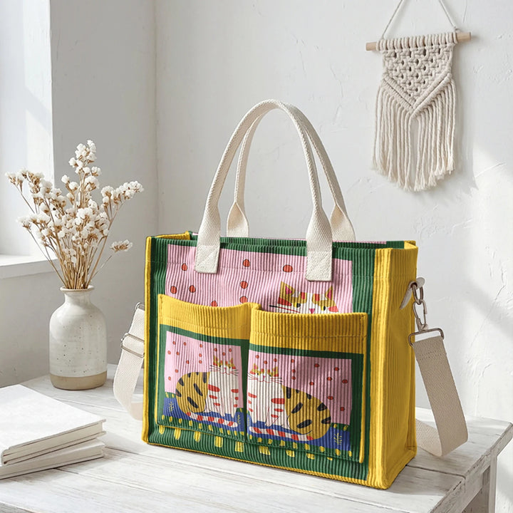 Sac fourre-tout en velours côtelé avec impression d'art populaire vintage - Grande capacité - Sac à plusieurs poches pour amoureux des chats - Sac à bandoulière pour le trajet