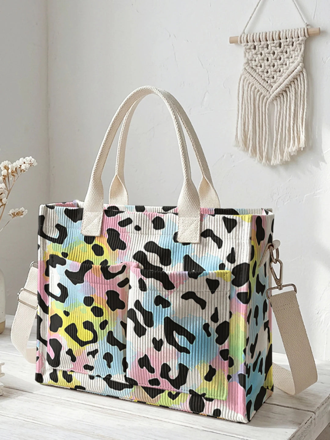 Sac en corduroy à imprimé léopard en couleurs pastel avec grande capacité et plusieurs poches, adapté aux trajets domicile-travail
