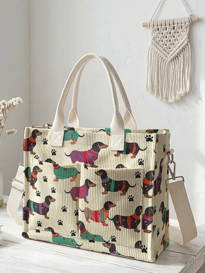 Sac en velours côtelé avec impression de teckel, grande capacité, plusieurs poches, pour les amoureux des chiens, sac à bandoulière pour le travail