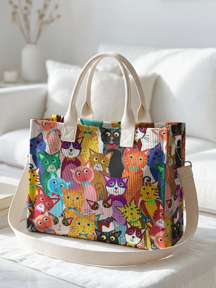 Sac à bandoulière en velours côtelé avec impression de chats colorés, grande capacité, multi-poches pour les amoureux des chats
