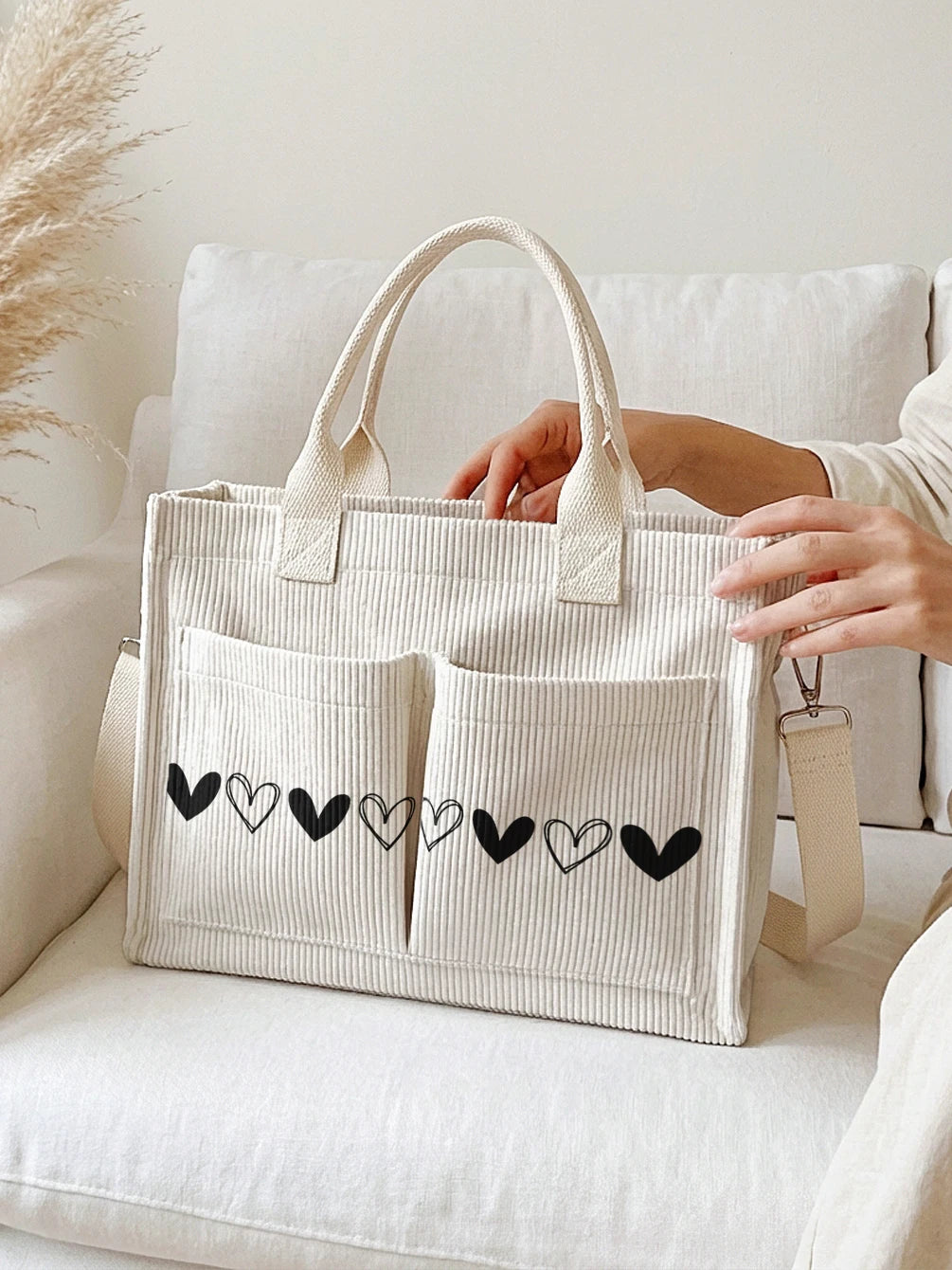 Sac en velours côtelé beige avec imprimé cœur noir, grande capacité, sac à bandoulière avec plusieurs poches