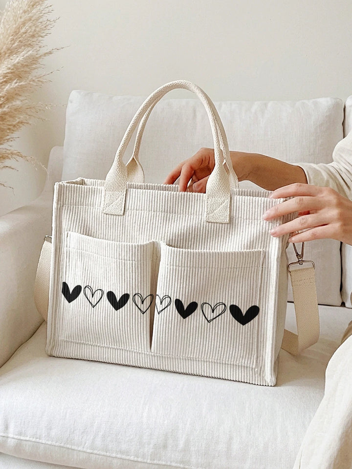 Sac en velours côtelé beige avec imprimé cœur noir, grande capacité, sac à bandoulière avec plusieurs poches