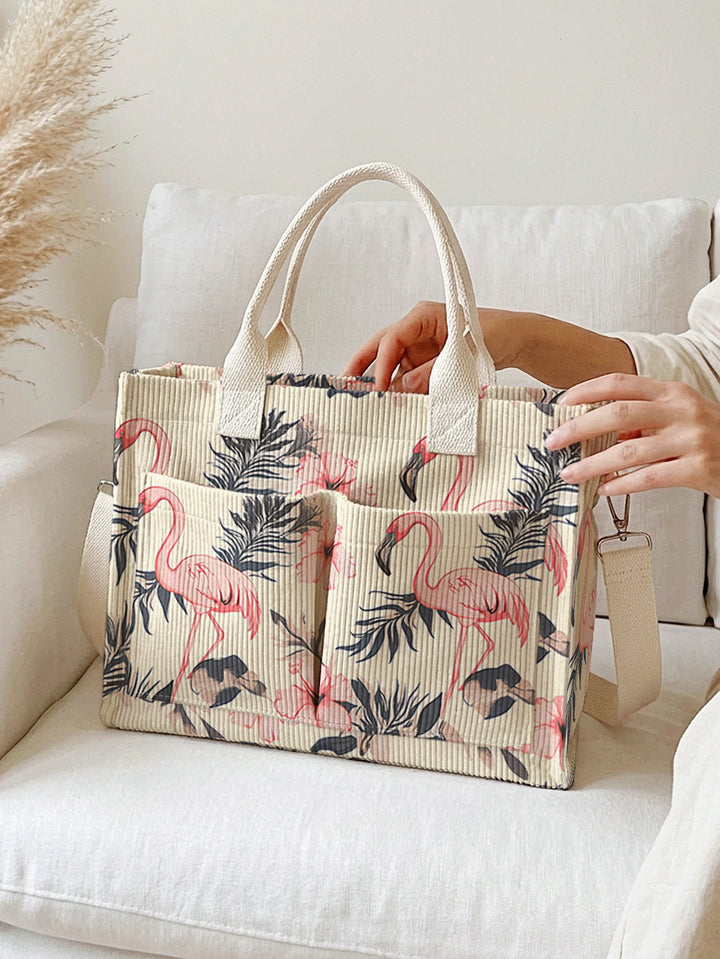 Sac à main en velours côtelé à imprimé flamant rose tropical Grande capacité sac à épaule avec plusieurs poches