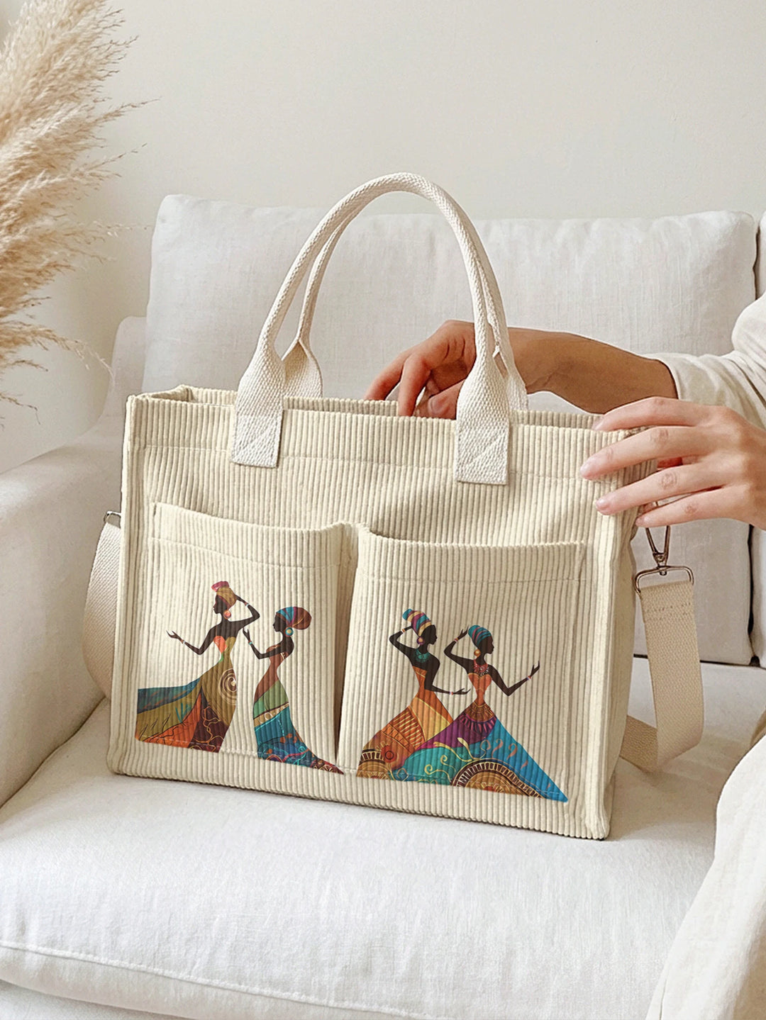 Impression d'art tribal de femmes africaines sac en velours côtelé grande capacité multi-poches sac à bandoulière ethnique