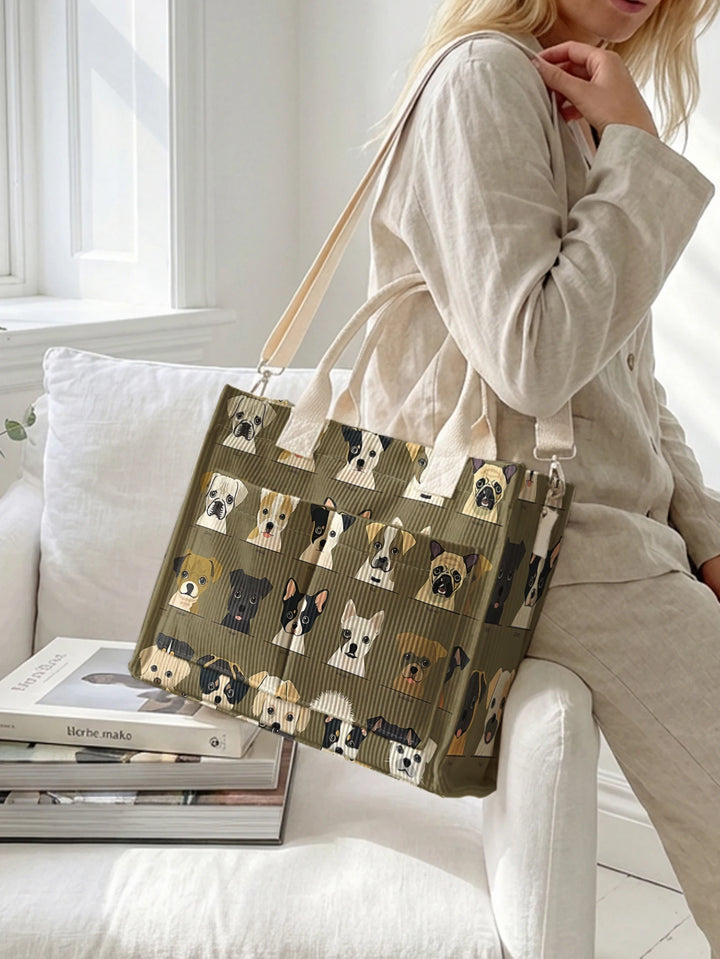 Impression de races de chiens en cartoon sac en corduroy grande capacité multi-poches pour les amoureux des chiens sac à épaule