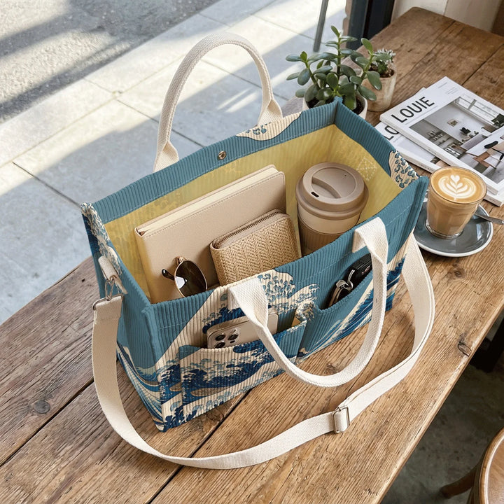 Sac en velours côtelé Ukiyo-e avec impression de vagues, grande capacité, plusieurs poches, sac bandoulière amovible