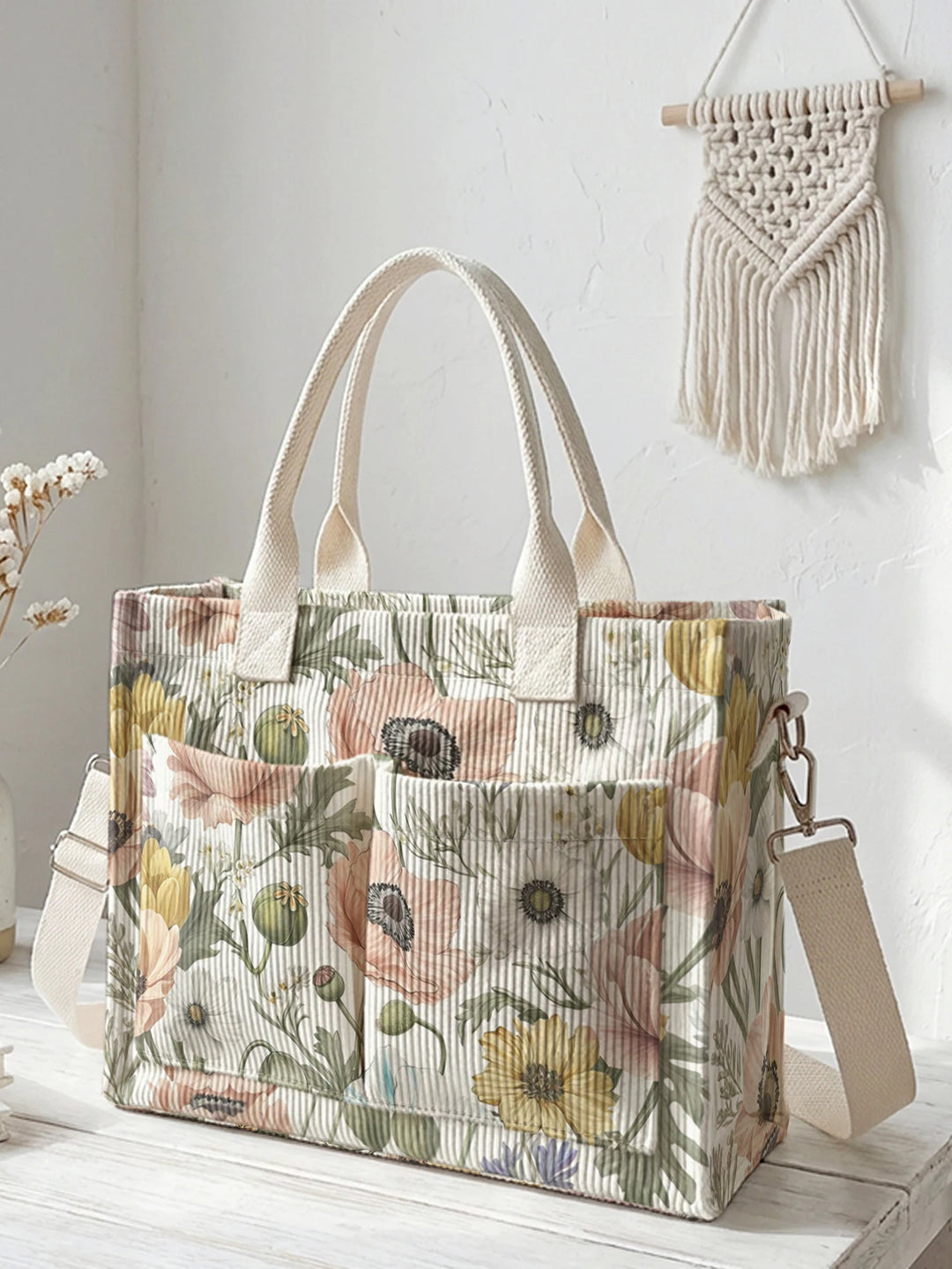 Sac à bandoulière en velours côtelé avec impression de fleurs d'anémone aquarelle vintage, grande capacité, multi-poches, pour les amoureux de la nature, sac de transport
