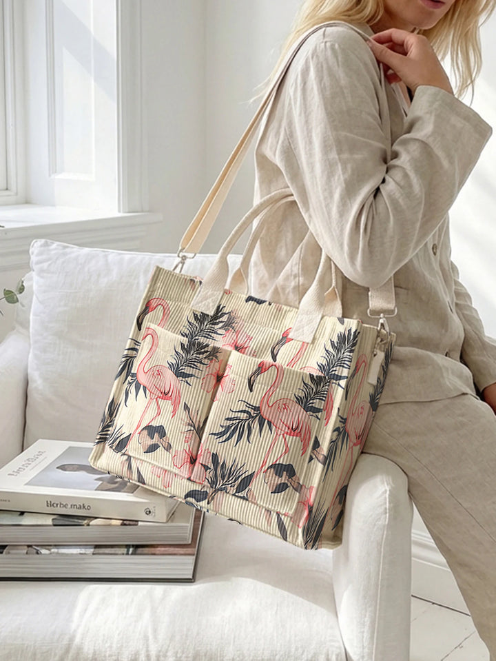 Sac à bandoulière en velours côtelé à imprimé flamant rose, grande capacité, avec plusieurs poches