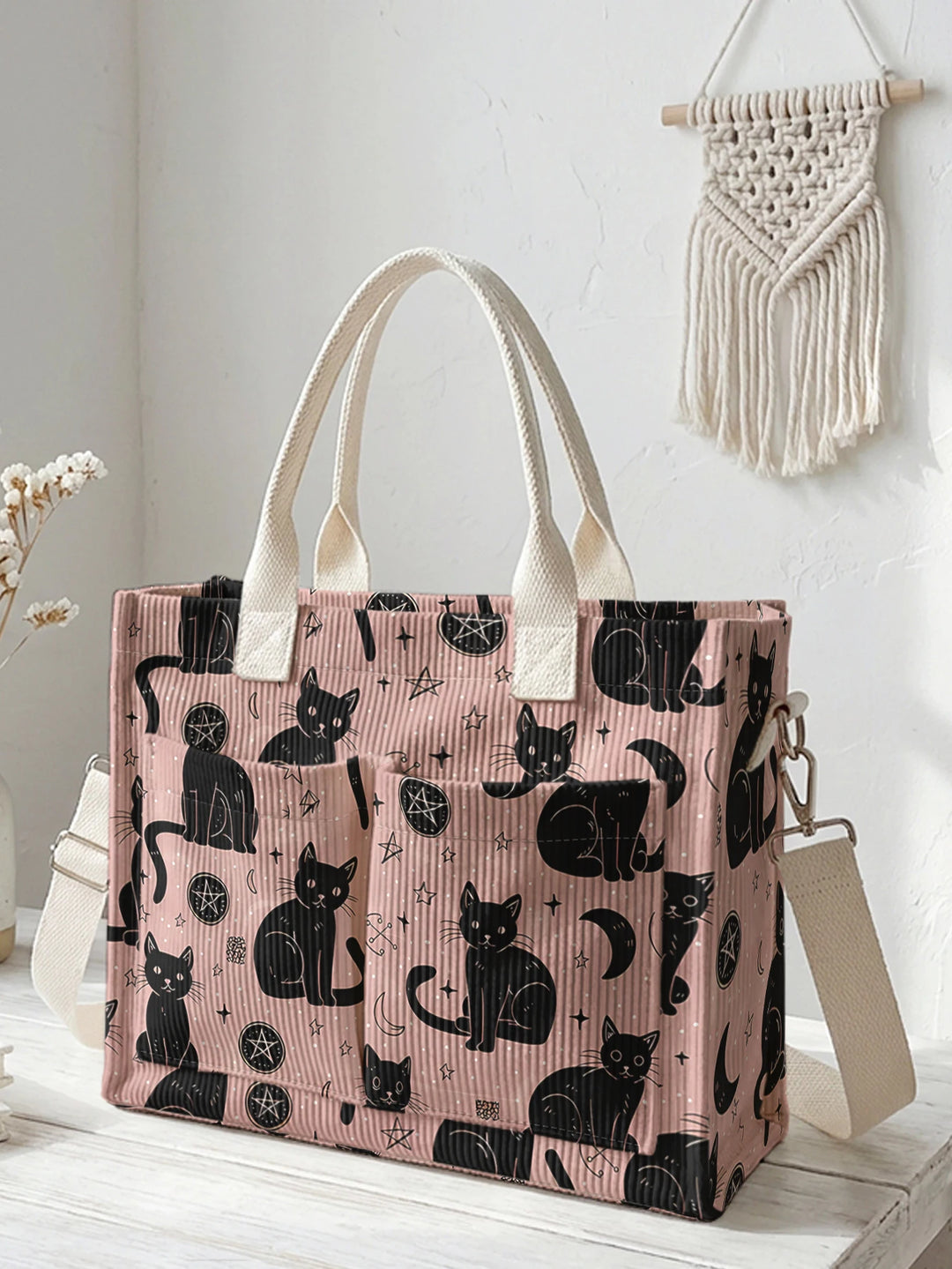 Sac à dos en corduroy avec impression de chats roses et noirs et ciel, grande capacité et plusieurs poches pour les amoureux des chats, sac à bandoulière pour le travail