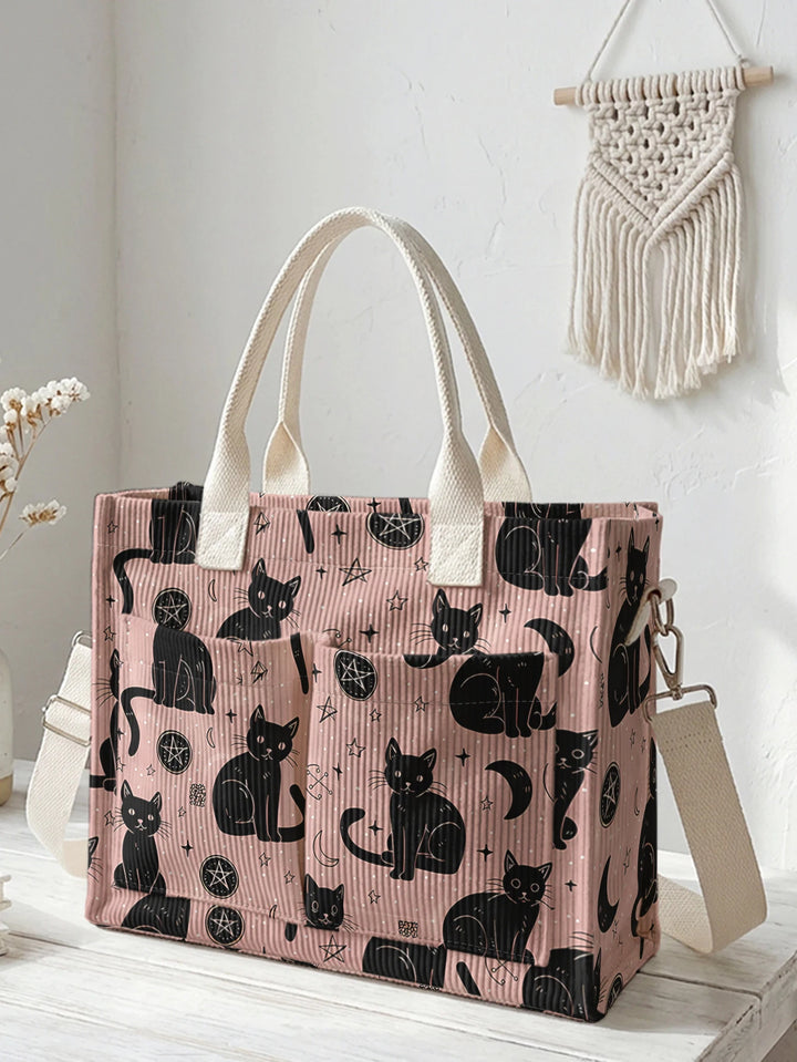 Sac à dos en corduroy avec impression de chats roses et noirs et ciel, grande capacité et plusieurs poches pour les amoureux des chats, sac à bandoulière pour le travail
