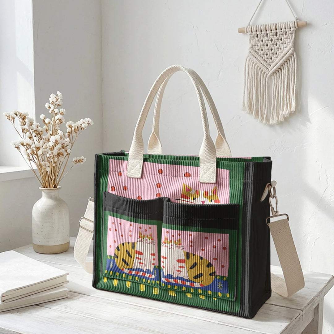 Sac fourre-tout en velours côtelé avec impression d'art populaire vintage - Grande capacité - Sac à plusieurs poches pour amoureux des chats - Sac à bandoulière pour le trajet