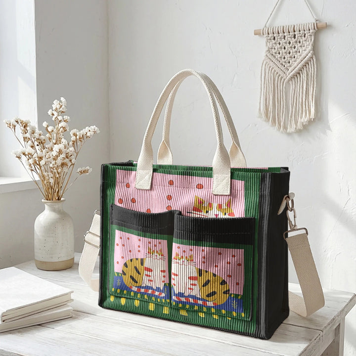 Sac fourre-tout en velours côtelé avec impression d'art populaire vintage - Grande capacité - Sac à plusieurs poches pour amoureux des chats - Sac à bandoulière pour le trajet
