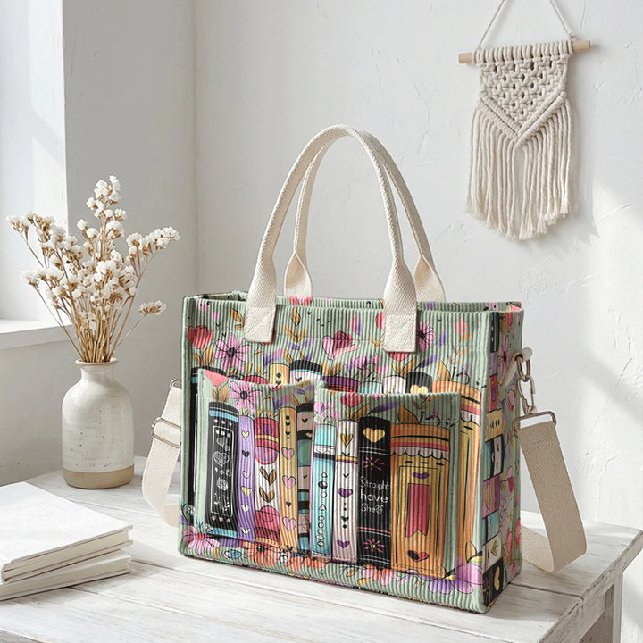 Sac à bandoulière en velours côtelé avec impression de livres et de fleurs, grande capacité, sac à main avec plusieurs poches