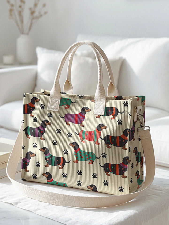 Sac en velours côtelé avec impression de teckel, grande capacité, plusieurs poches, pour les amoureux des chiens, sac à bandoulière pour le travail