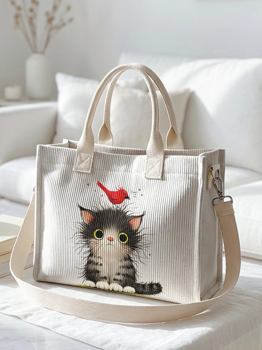 Sac en velours côtelé mignon avec impression d'un adorable chaton et d'un oiseau rouge, grande capacité, plusieurs poches, sac à bandoulière pour les amoureux des chats