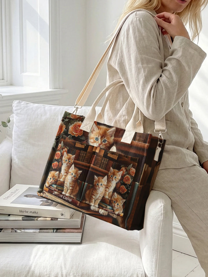 Sac à bandoulière en velours côtelé à imprimé rose et chat tabby orange 3D, grande capacité, multi-poches, pour les amoureux des chats
