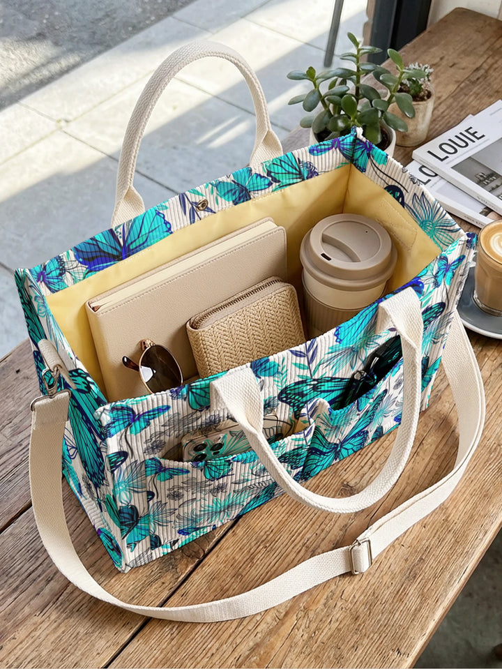 Sac à dos en velours côtelé avec imprimé papillon et fleurs, de couleur vive, grande capacité et plusieurs poches, sac à bandoulière pour les amoureux de la nature