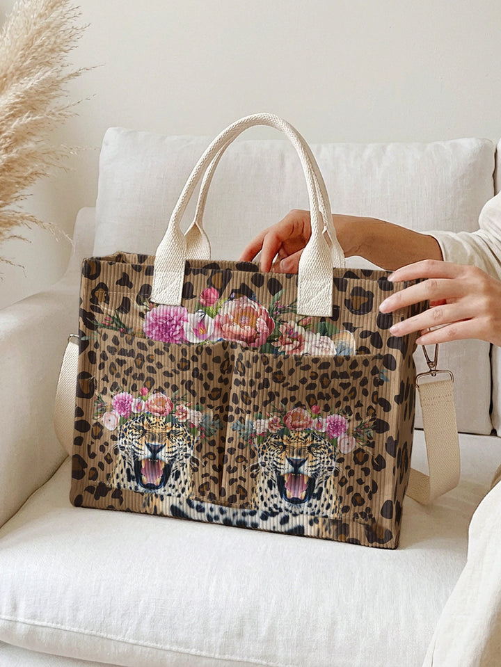 Sac en velours côtelé avec imprimé léopard fleuri, grande capacité, sac à bandoulière avec plusieurs poches