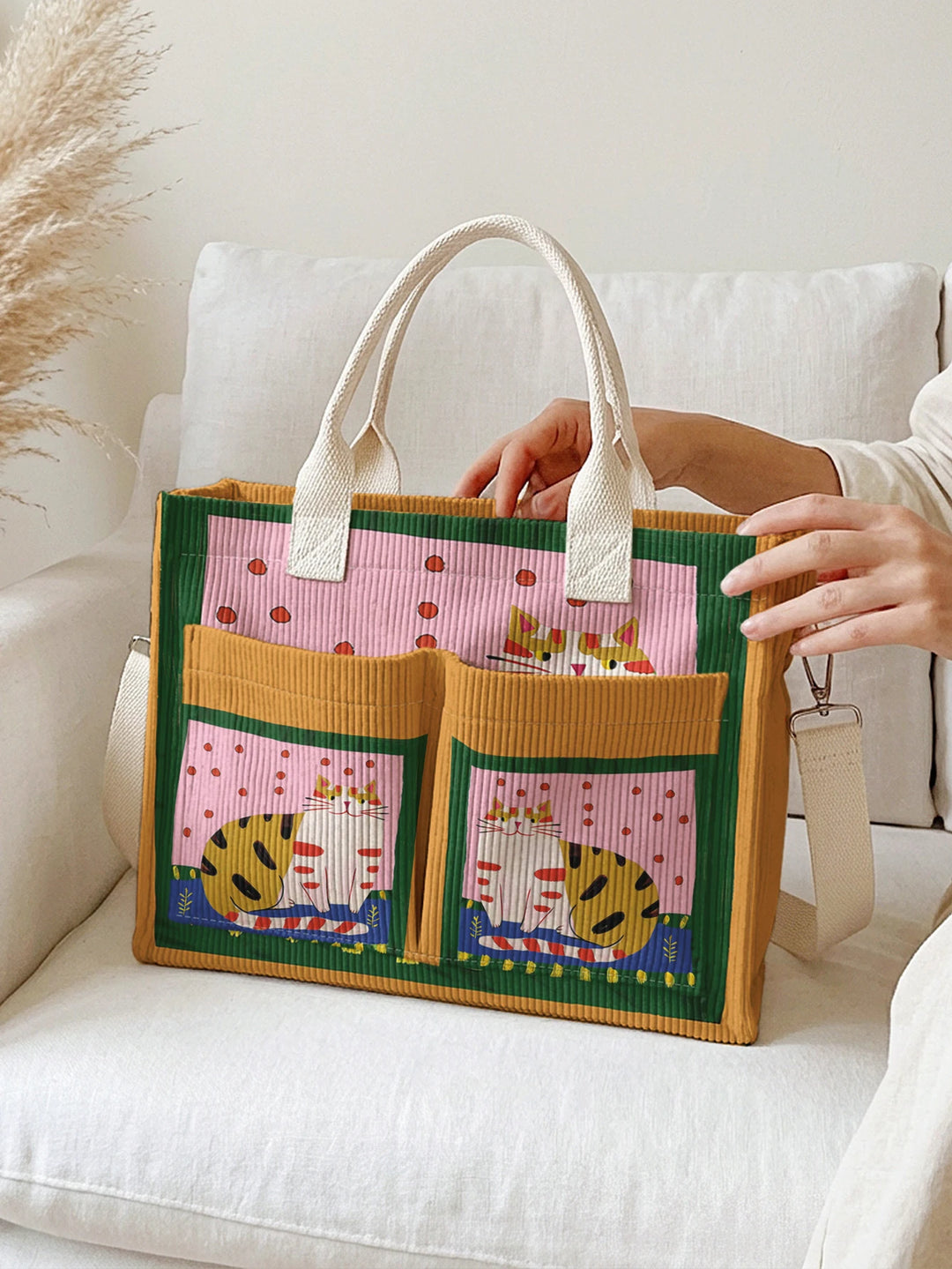 Sac fourre-tout en velours côtelé avec impression d'art populaire vintage - Grande capacité - Sac à plusieurs poches pour amoureux des chats - Sac à bandoulière pour le trajet