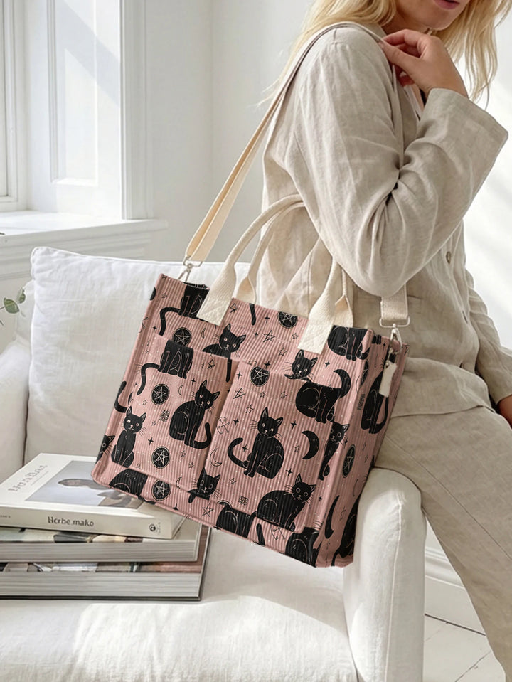 Sac à dos en corduroy avec impression de chats roses et noirs et ciel, grande capacité et plusieurs poches pour les amoureux des chats, sac à bandoulière pour le travail