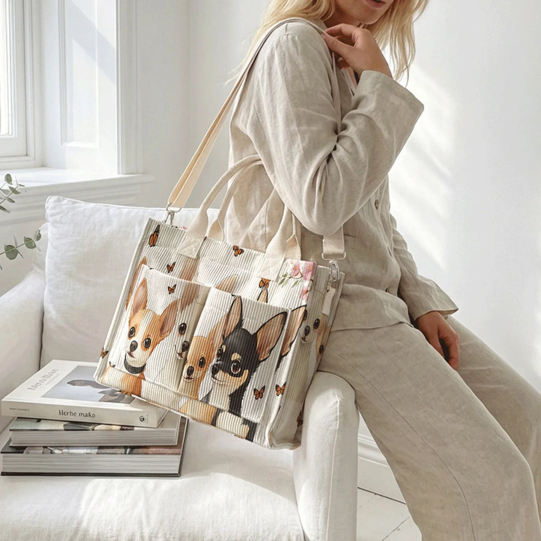 Sac en velours côtelé avec imprimé chihuahua et papillon, grande capacité, plusieurs poches, sac à bandoulière amovible