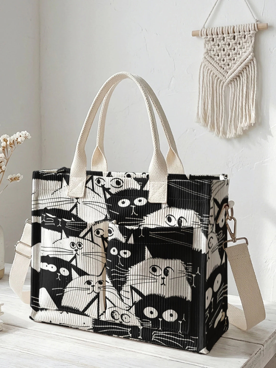 Sac à bandoulière en velours côtelé avec impression de chats en cartoon noir et blanc, grande capacité et plusieurs poches pour les amoureux des chats, sac pour le travail