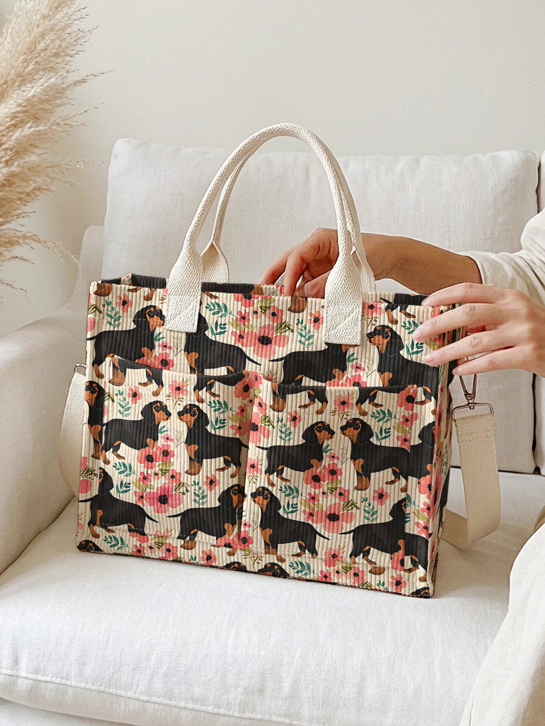 Sac fourre-tout en velours côtelé avec impression de teckel et floral Grande capacité Multi Poche Amoureux des chiens Sac à bandoulière pour le trajet