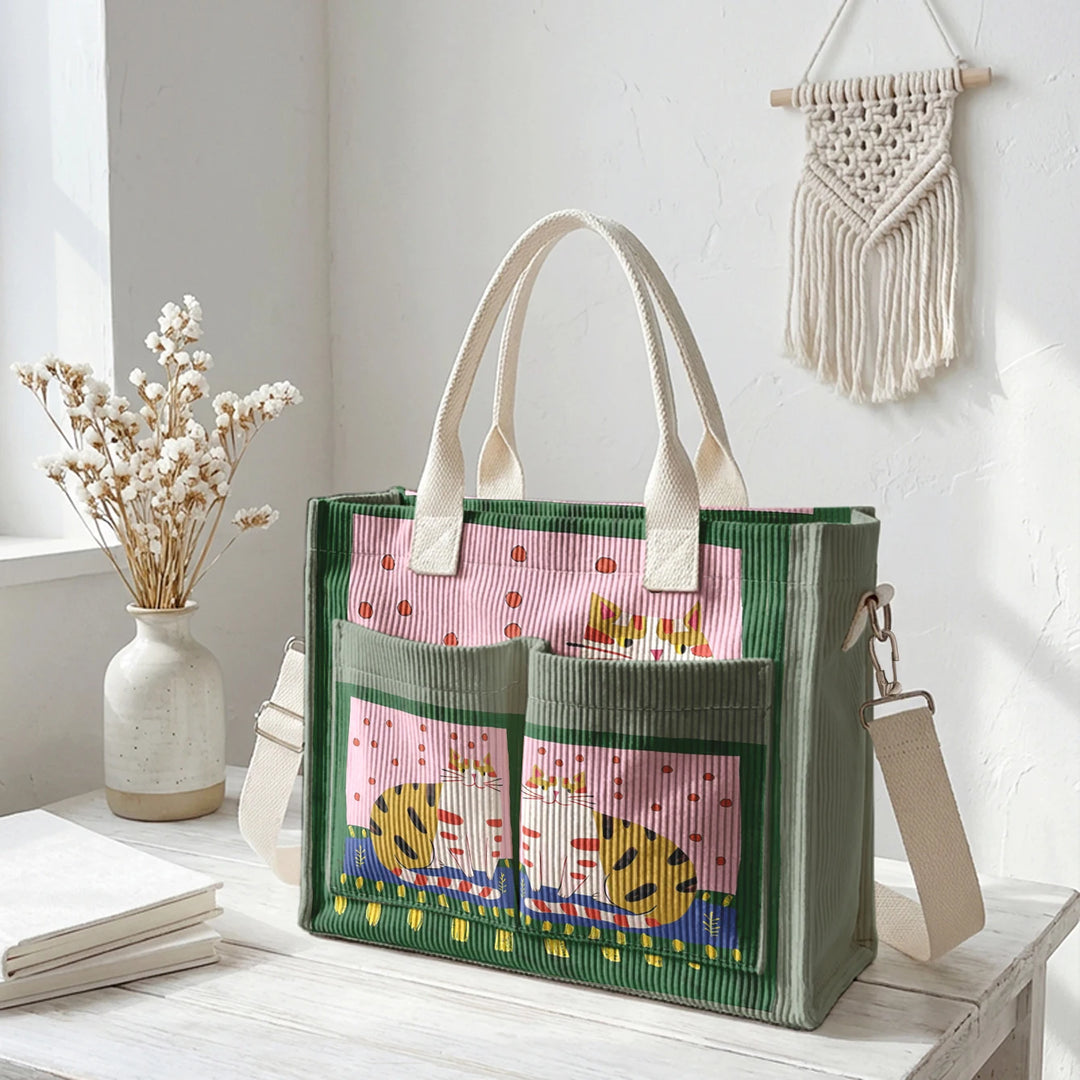 Sac fourre-tout en velours côtelé avec impression d'art populaire vintage - Grande capacité - Sac à plusieurs poches pour amoureux des chats - Sac à bandoulière pour le trajet