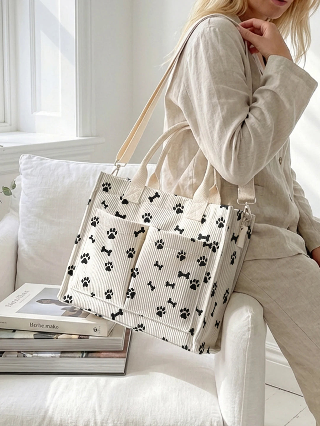 Sac à bandoulière en corduroy avec empreinte de patte de chien et d'os Grande capacité Sac à main multi-poches pour les amoureux des chiens