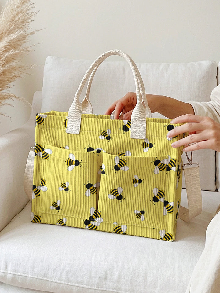 Sac en velours côtelé avec impression de bourdon, grande capacité, plusieurs poches, sac à bandoulière pour les amoureux des abeilles