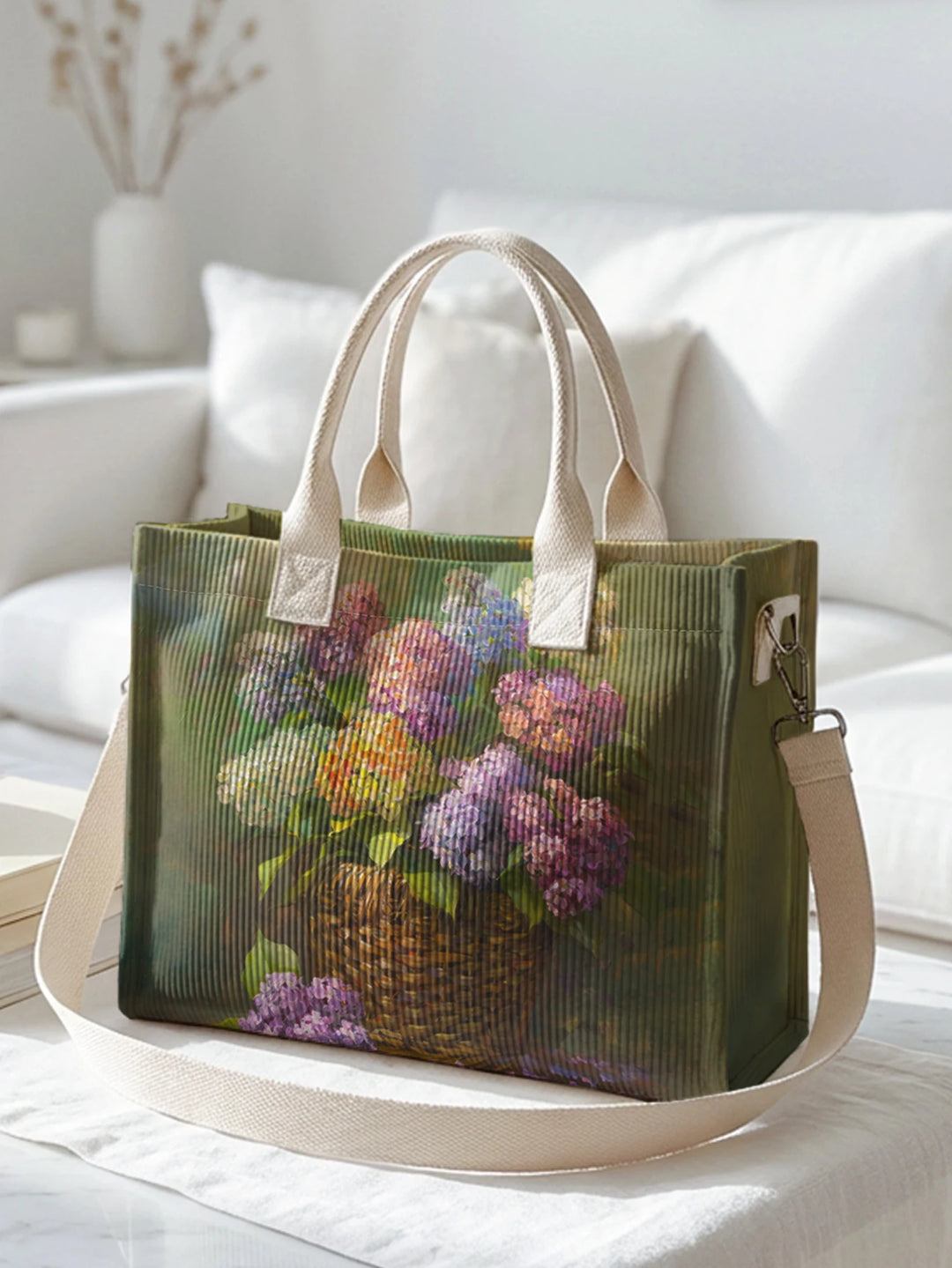 Sac à bandoulière en velours côtelé avec impression de fleurs d'hortensia vintage, grande capacité, multi-poches, pour les amateurs d'art et les navetteurs