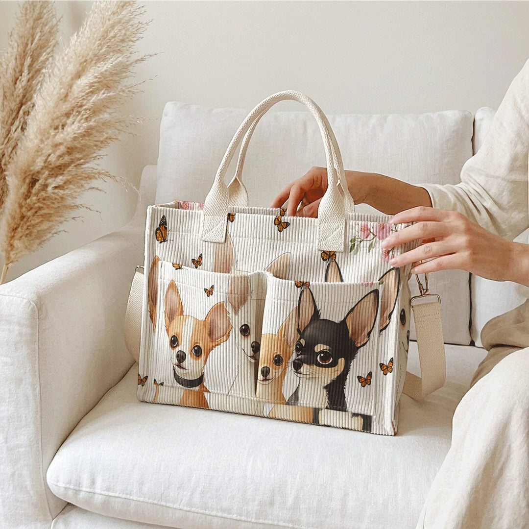 Sac en velours côtelé avec imprimé chihuahua et papillon, grande capacité, plusieurs poches, sac à bandoulière amovible