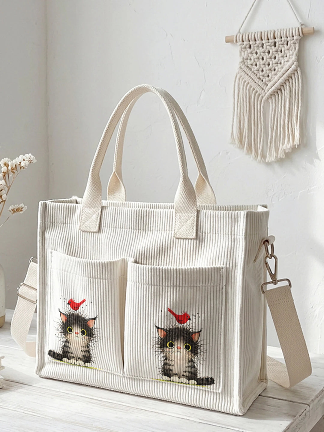 Sac en velours côtelé mignon avec impression d'un adorable chaton et d'un oiseau rouge, grande capacité, plusieurs poches, sac à bandoulière pour les amoureux des chats