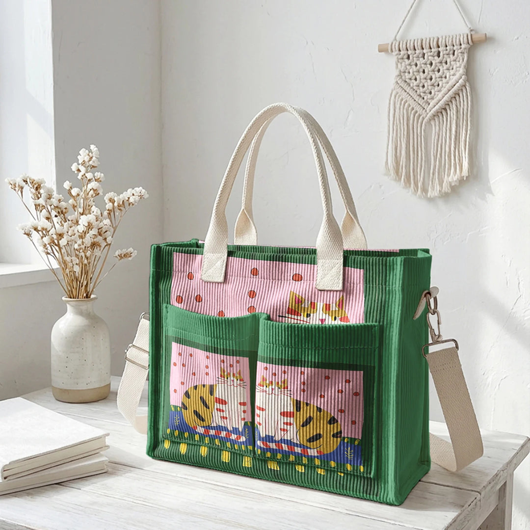Sac fourre-tout en velours côtelé avec impression d'art populaire vintage - Grande capacité - Sac à plusieurs poches pour amoureux des chats - Sac à bandoulière pour le trajet