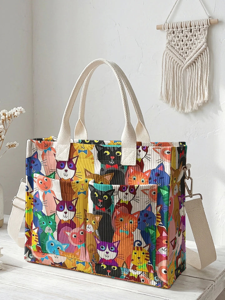 Sac à bandoulière en velours côtelé avec impression de chats colorés, grande capacité, multi-poches pour les amoureux des chats
