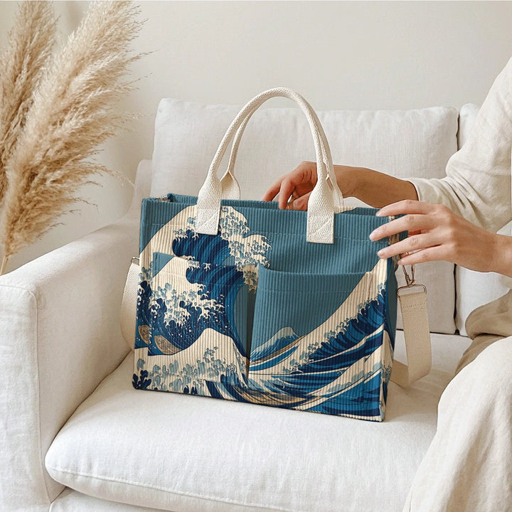 Sac en velours côtelé Ukiyo-e avec impression de vagues, grande capacité, plusieurs poches, sac bandoulière amovible