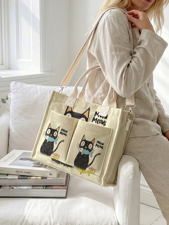 Sac à main en velours côtelé "Meow Meows" noir mignon à grande capacité, sac à bandoulière multi-poches pour les amoureux des chats
