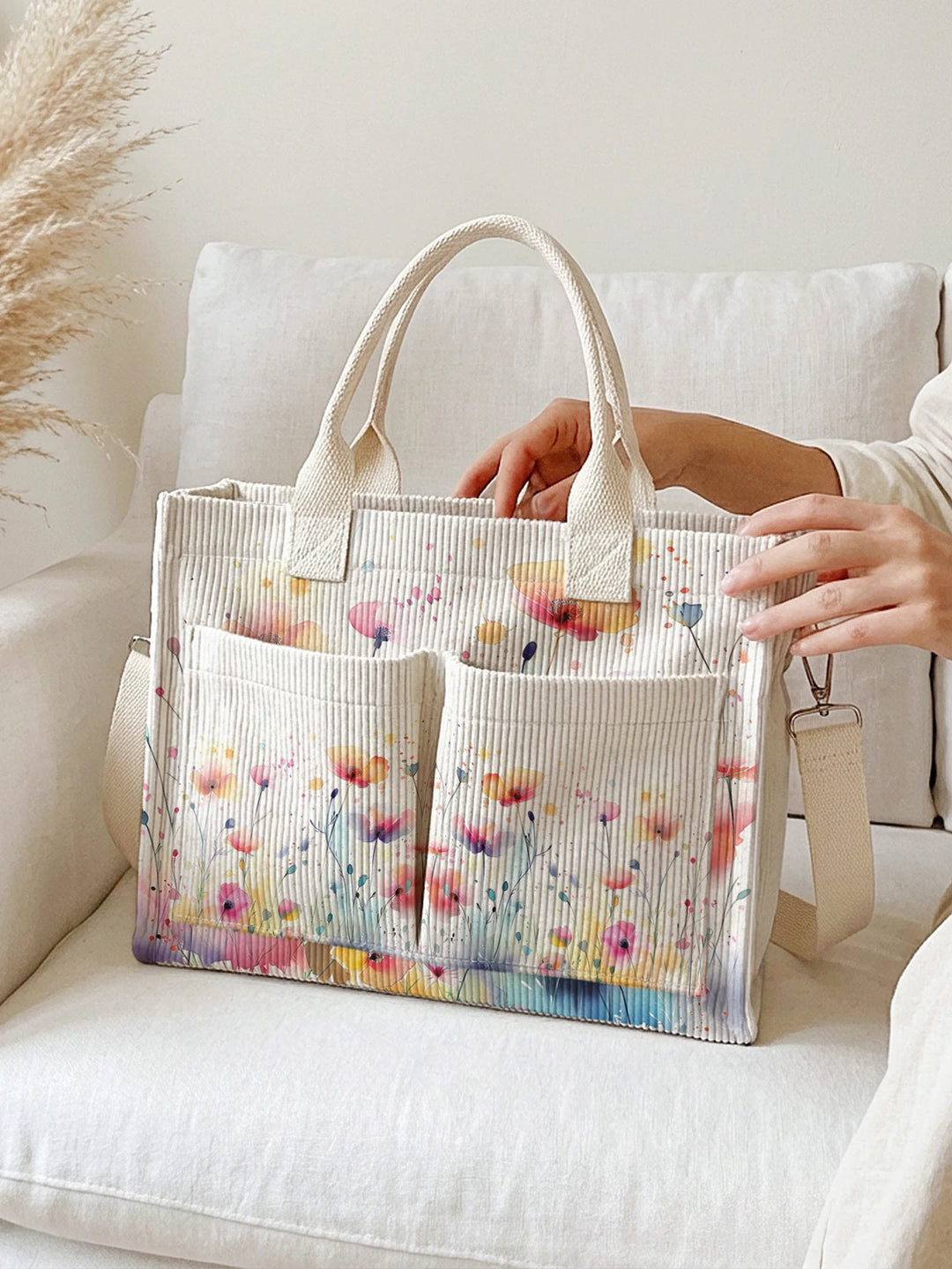 Sac à bandoulière en velours côtelé imprimé de fleurs sauvages en dégradé aquarelle grande capacité multi-poches amoureux de la nature