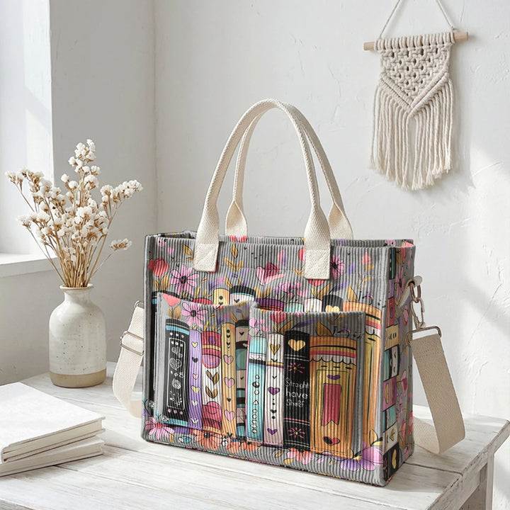 Sac à bandoulière en velours côtelé avec impression de livres et de fleurs, grande capacité, sac à main avec plusieurs poches