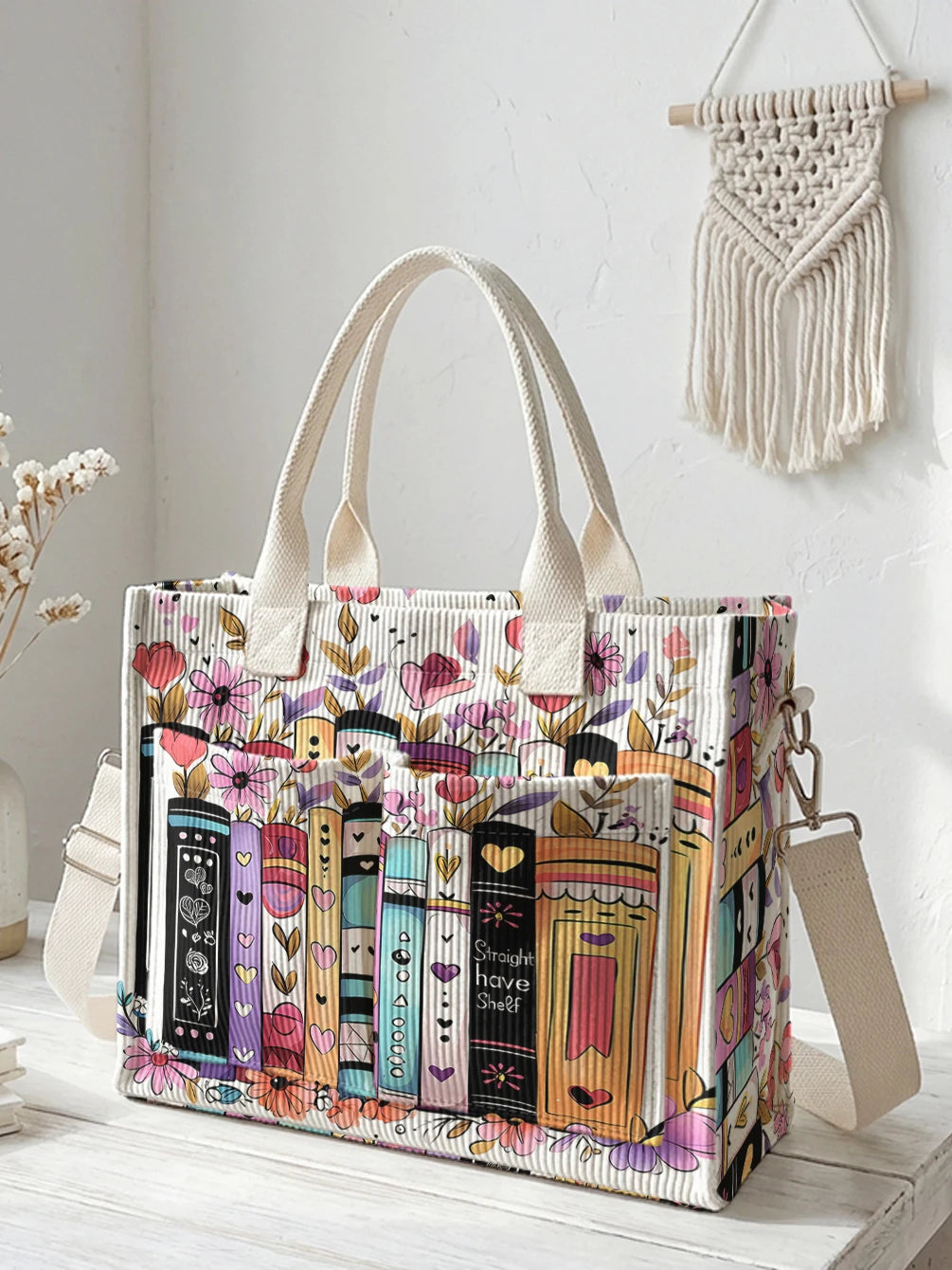 Sac à bandoulière en velours côtelé avec impression de livres et de fleurs, grande capacité, sac à main avec plusieurs poches