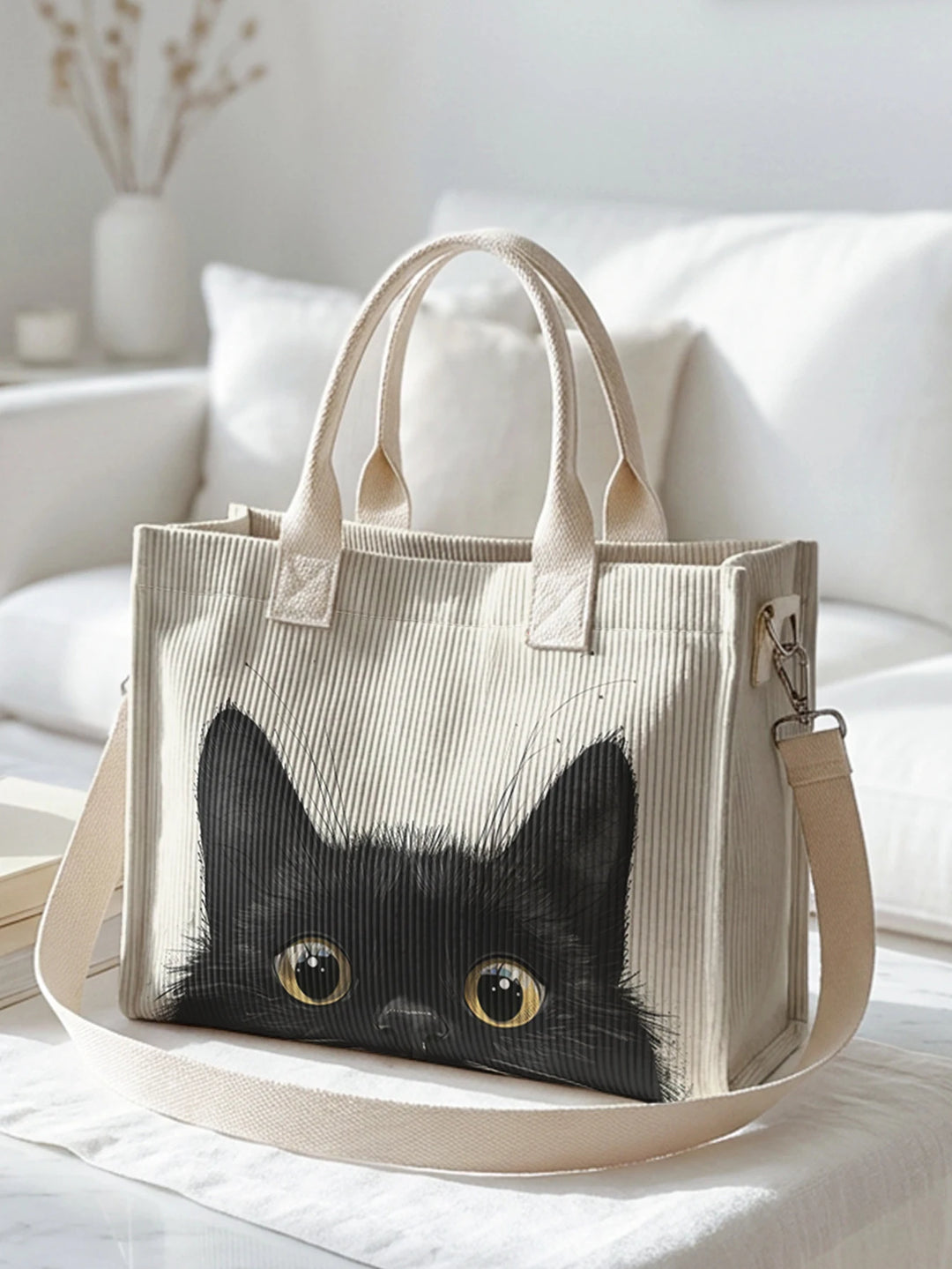 Sac fourre-tout en velours côtelé avec impression de chats noirs espions Grande capacité Multi Poche Sac à bandoulière pour amoureux des chats