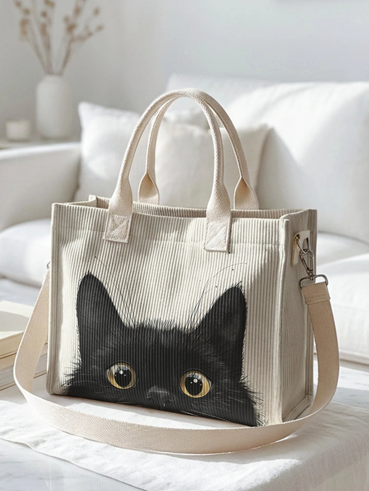 Sac fourre-tout en velours côtelé avec impression de chats noirs espions Grande capacité Multi Poche Sac à bandoulière pour amoureux des chats