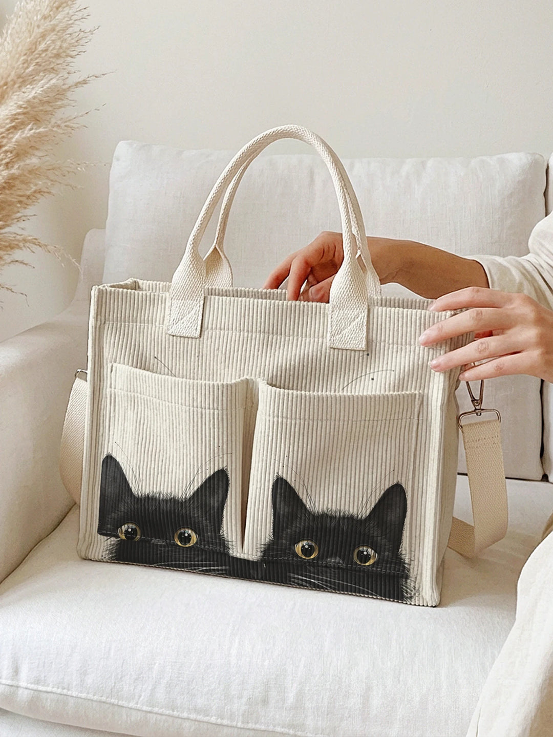 Sac fourre-tout en velours côtelé avec impression de chats noirs espions Grande capacité Multi Poche Sac à bandoulière pour amoureux des chats