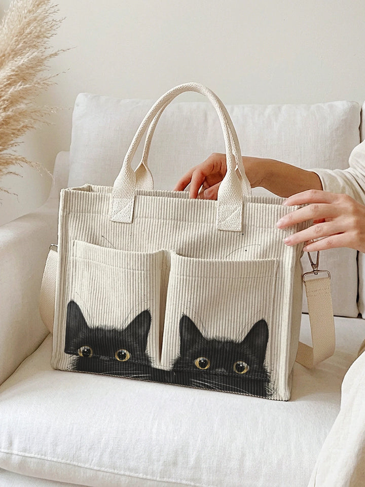 Sac fourre-tout en velours côtelé avec impression de chats noirs espions Grande capacité Multi Poche Sac à bandoulière pour amoureux des chats
