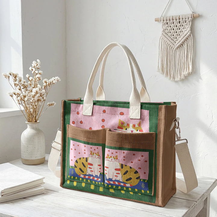 Sac fourre-tout en velours côtelé avec impression d'art populaire vintage - Grande capacité - Sac à plusieurs poches pour amoureux des chats - Sac à bandoulière pour le trajet