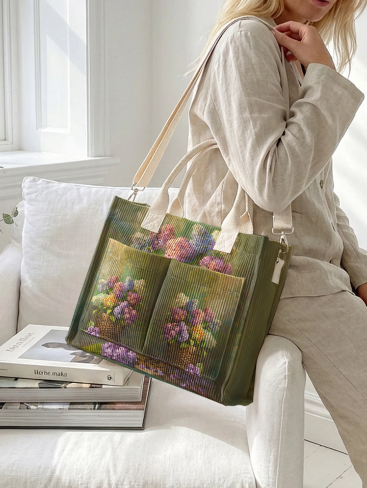Sac à bandoulière en velours côtelé avec impression de fleurs d'hortensia vintage, grande capacité, multi-poches, pour les amateurs d'art et les navetteurs