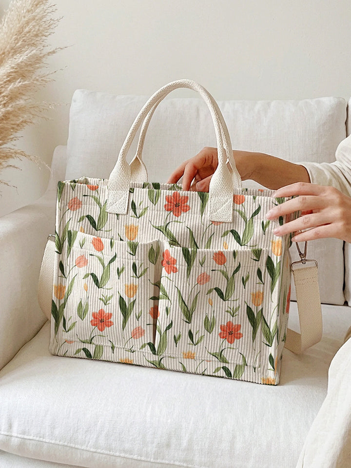 Sac à main en velours côtelé imprimé de fleurs de tulipes Grande capacité sac à bandoulière avec plusieurs poches