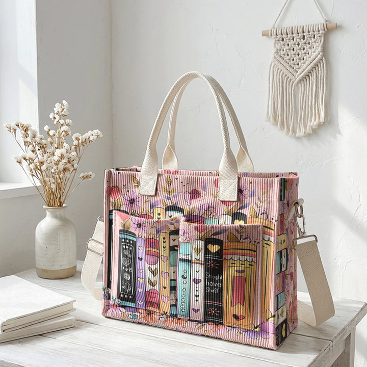 Sac à bandoulière en velours côtelé avec impression de livres et de fleurs, grande capacité, sac à main avec plusieurs poches