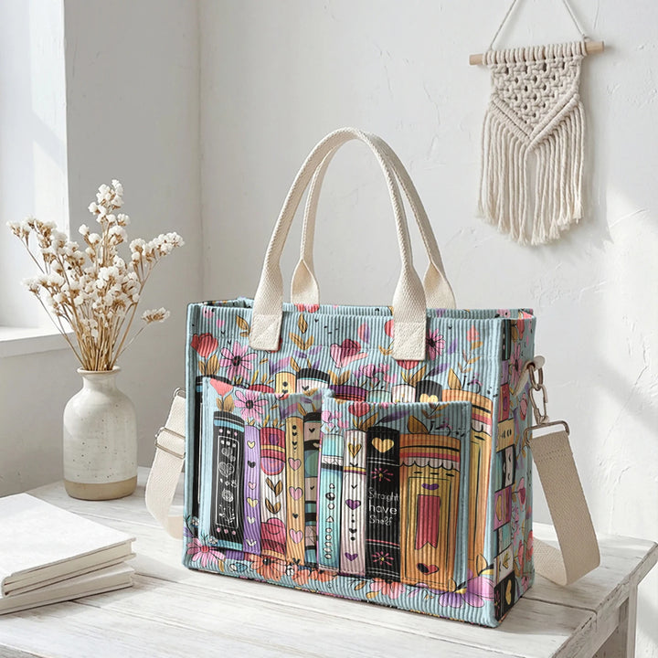 Sac à bandoulière en velours côtelé avec impression de livres et de fleurs, grande capacité, sac à main avec plusieurs poches